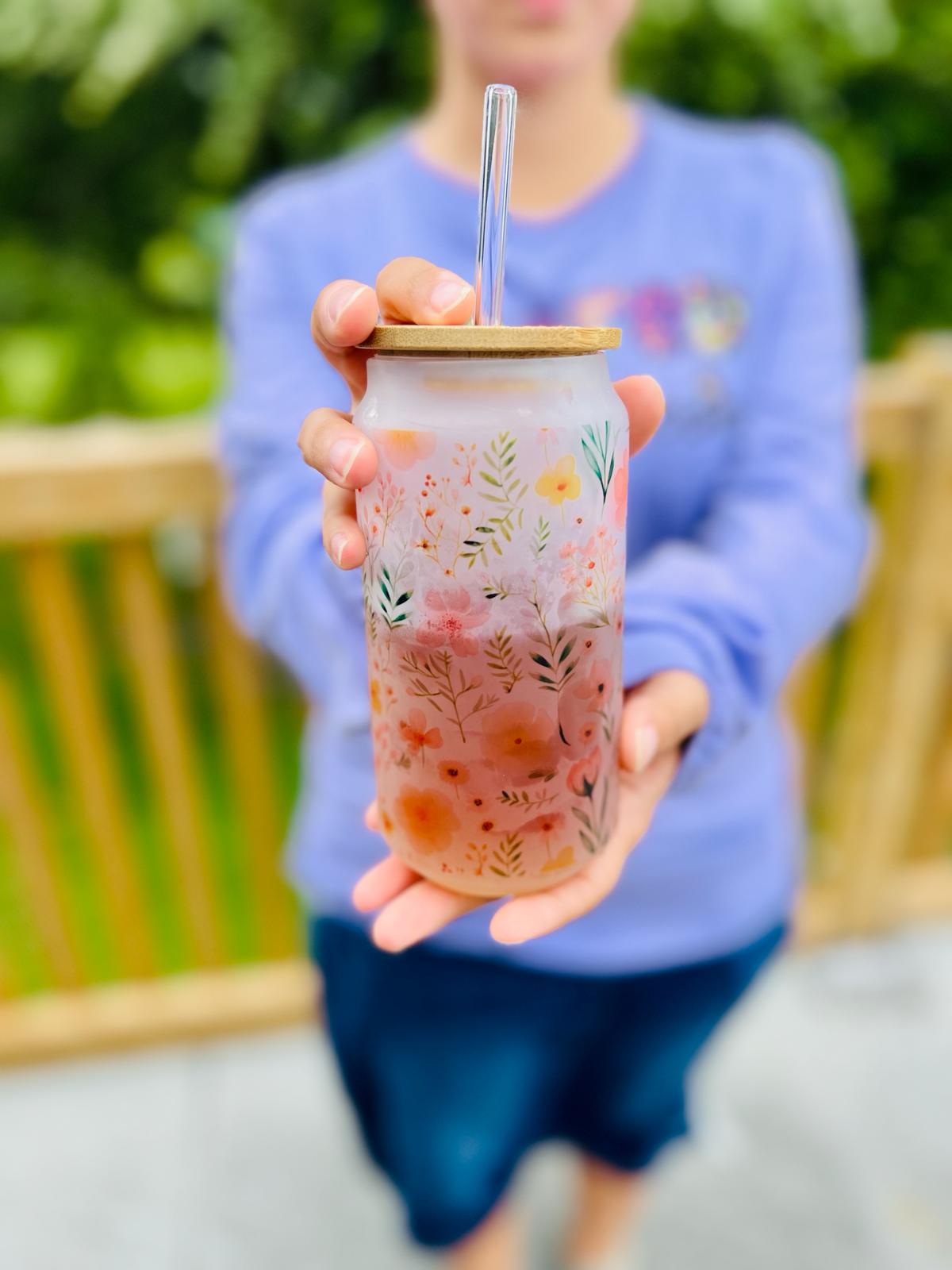 "Fields of blooms" 18oz glass Tumbler with bamboo lid and glass straw