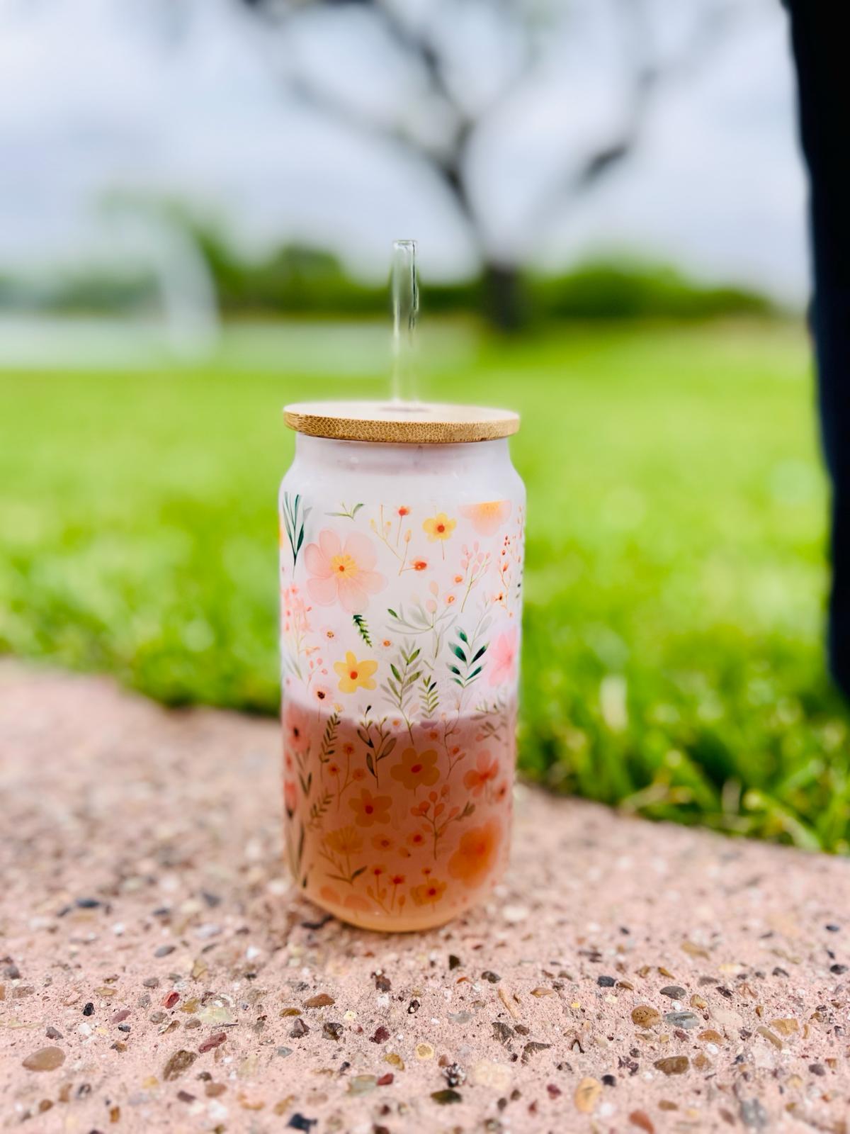"Fields of blooms" 18oz glass Tumbler with bamboo lid and glass straw