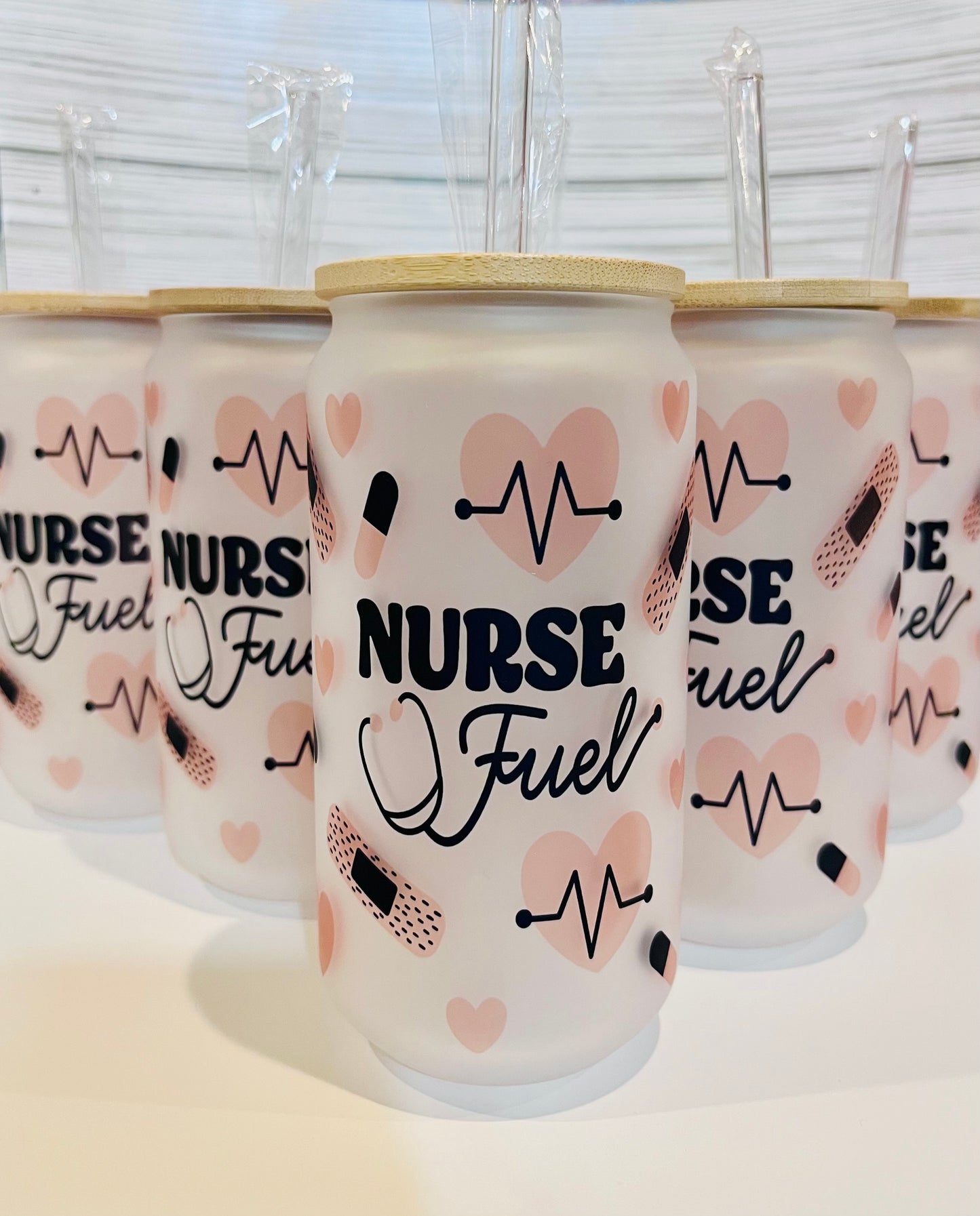 "Nurse Fuel" 18oz Glass Tumbler with Bamboo lid and glass straw