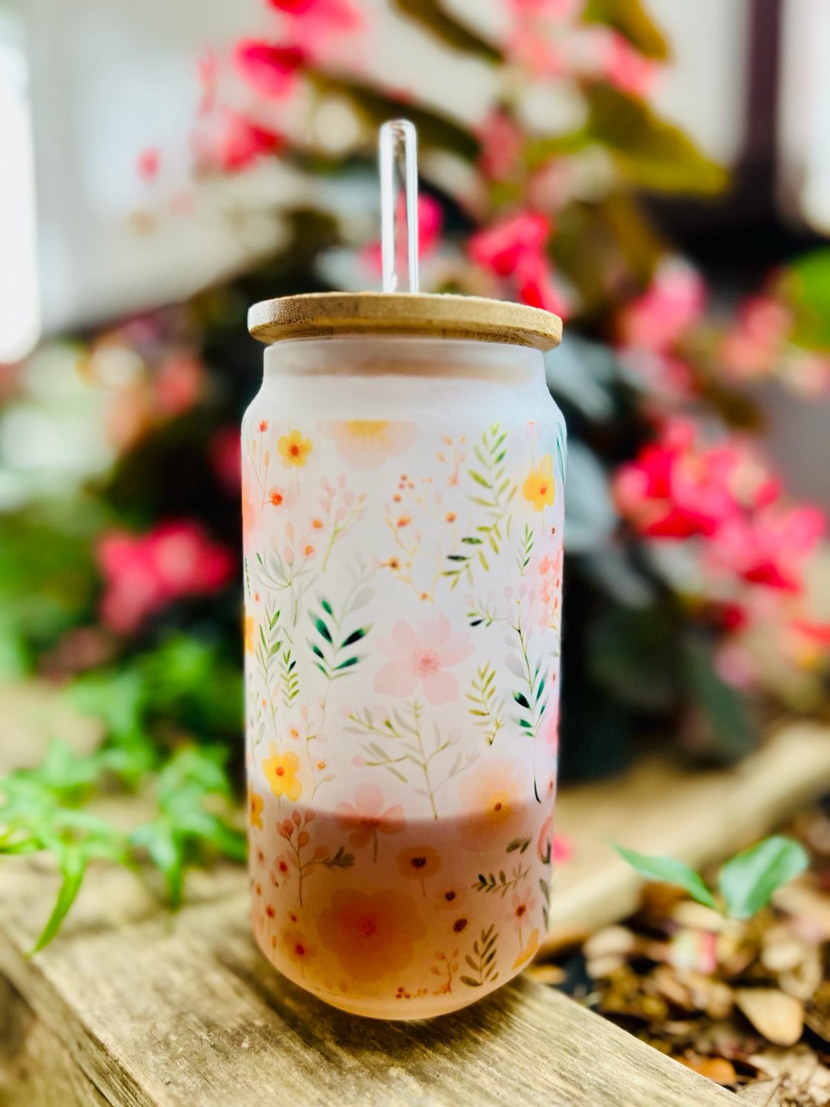 "Fields of blooms" 18oz glass Tumbler with bamboo lid and glass straw