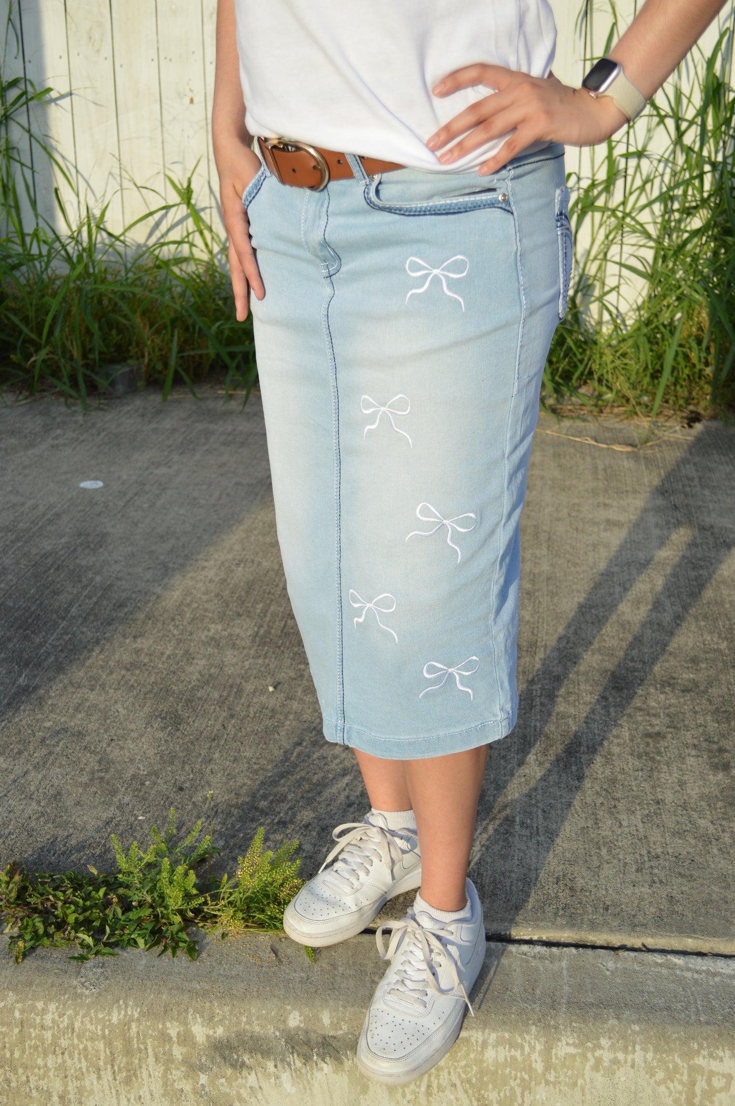 The Sweet Bow Denim Midi Skirt