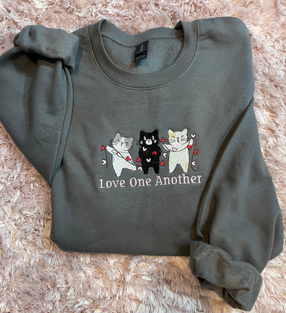"Love One Another" Whimsical Cats Crew Neck Sweatshirt