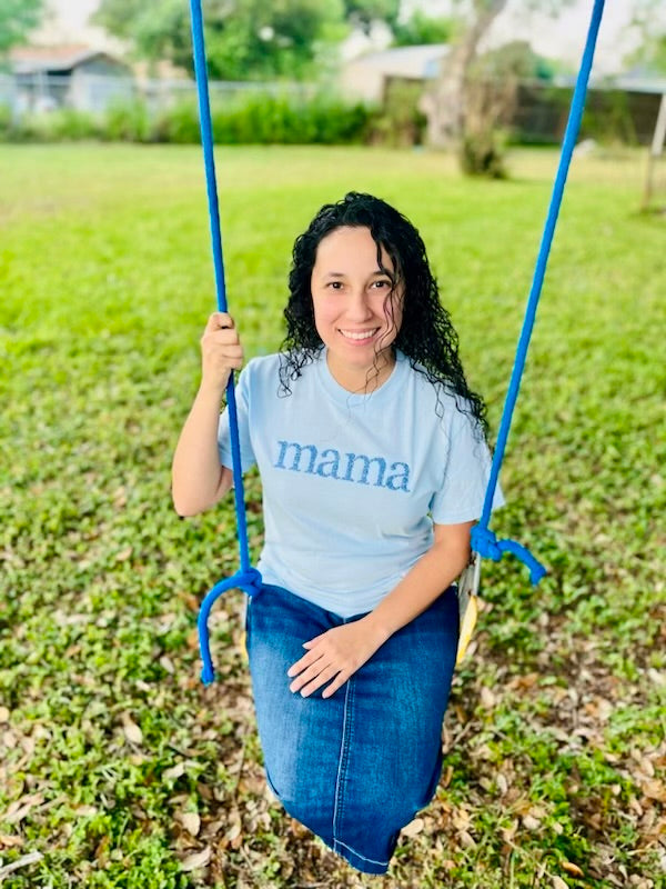 "Mamma" Embroidered Floral T Shirt Blue on Blue