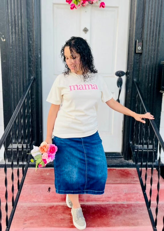 "Mamma" Embroidered T Shirt Soft Cream with pink floral letters