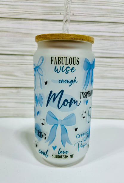 "Wonderful things about Mom" 18oz glass Tumbler with bamboo lid and glass straw