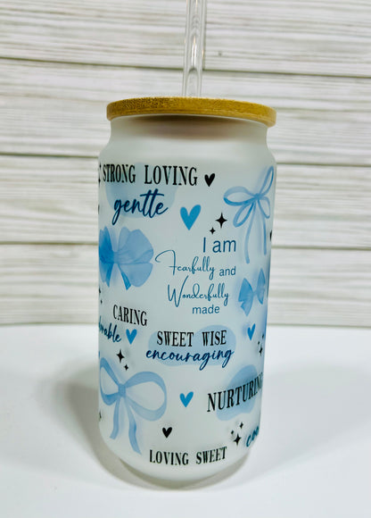 "Wonderful things about Mom" 18oz glass Tumbler with bamboo lid and glass straw