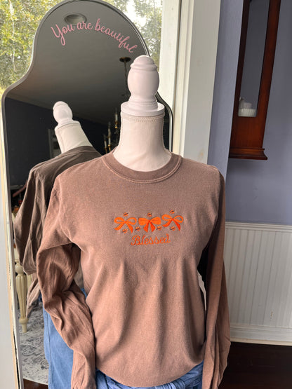 "Blessed" Comfort Colors heavy weight garment dyed T-Shirt with orange bows and leaves