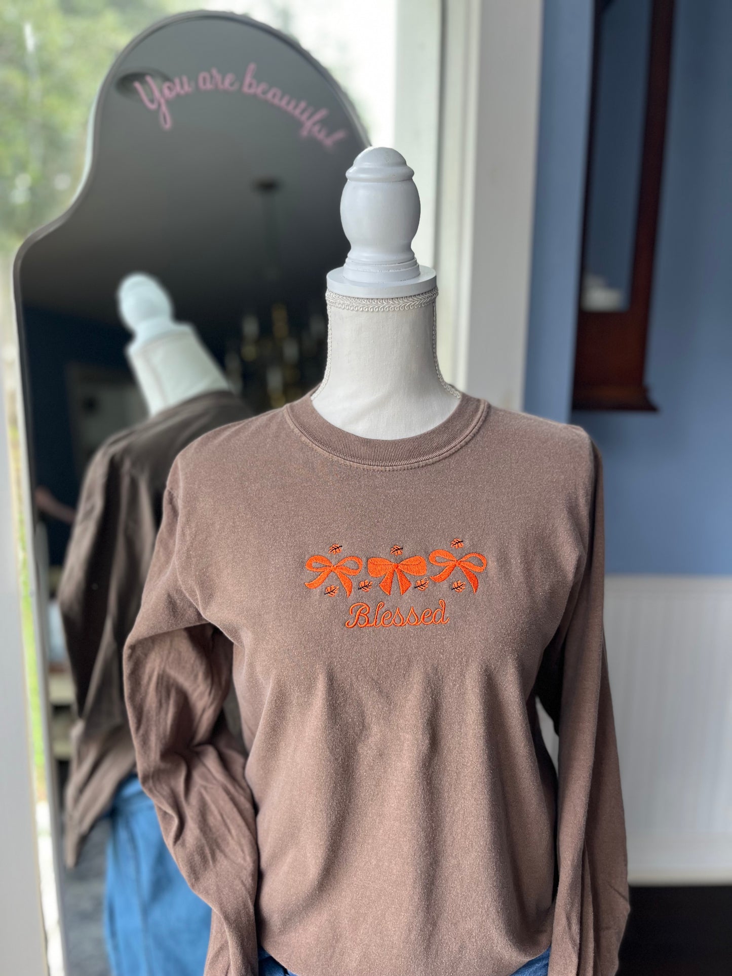 "Blessed" Comfort Colors heavy weight garment dyed T-Shirt with orange bows and leaves