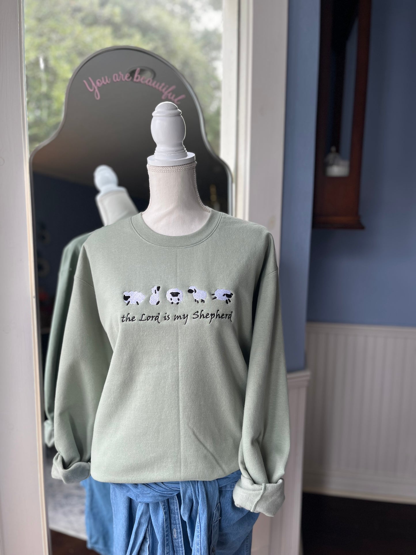 "The Lord is my Shepherd" Sage color Crew Neck Sweatshirt with white sheep