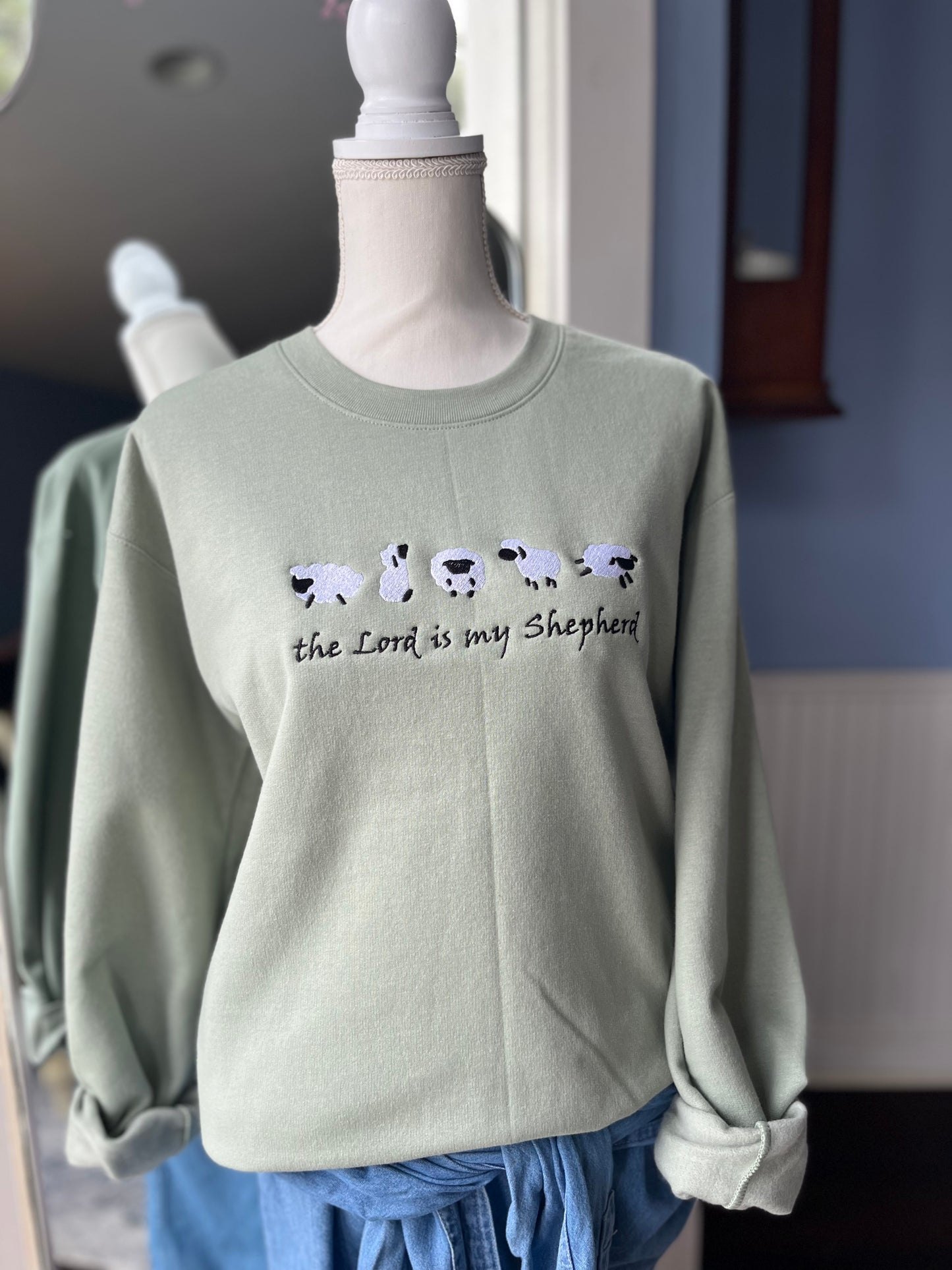 "The Lord is my Shepherd" Sage color Crew Neck Sweatshirt with white sheep