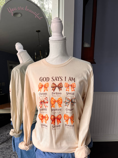 "God says I am..." Tan T-shirt with affirming bible verses.