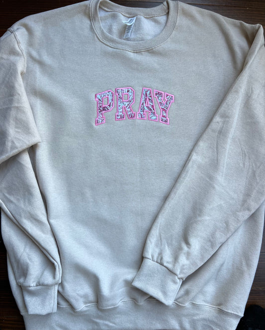 Crew Neck Sweatshirt with Embroidered  "Pray" in Paisley Applique Sand stone Color