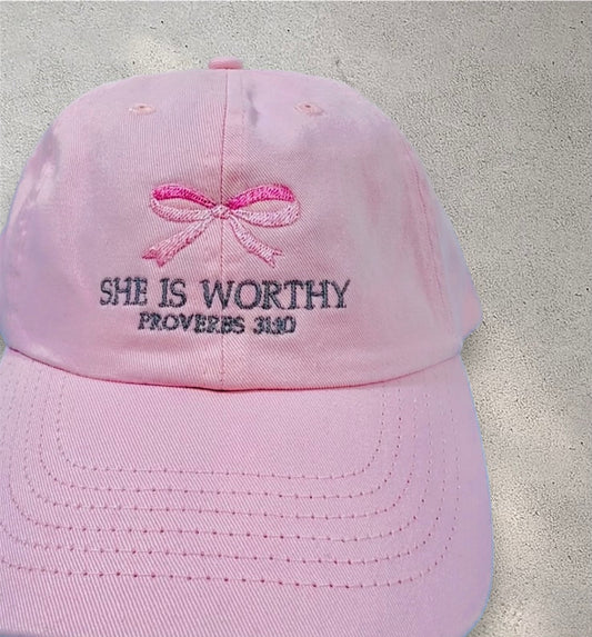 Unstructured hat embroidered with "SHE IS WORTHY" Proverbs 31:10