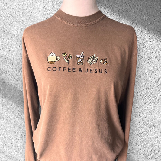 Embroidered "Coffee and Jesus" Espresso Color T-Shirt