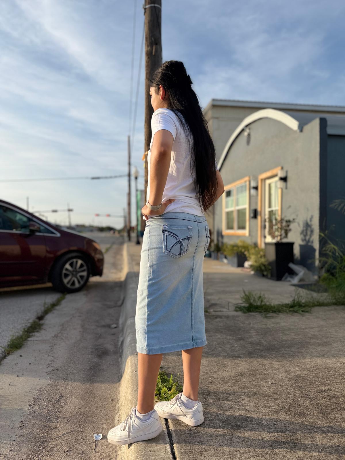 The Sweet Bow Denim Midi Skirt