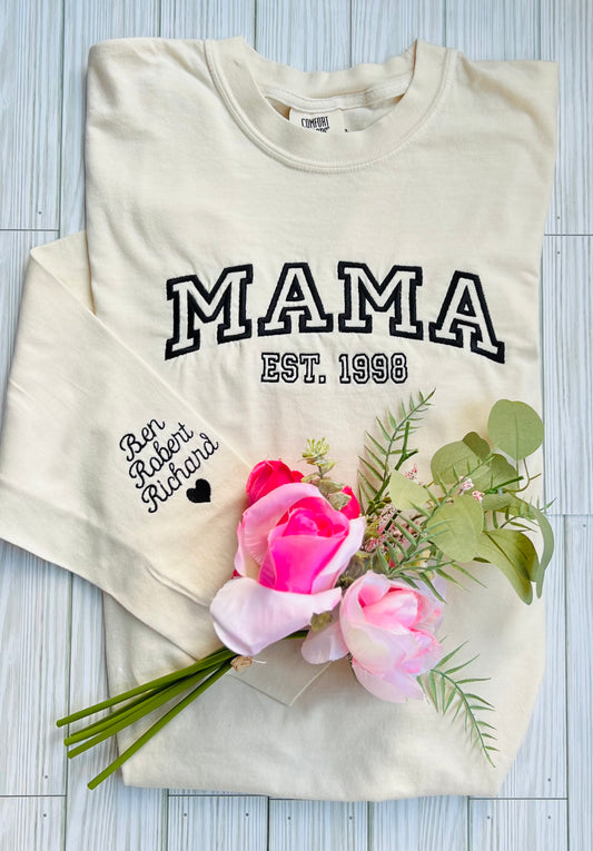 "Mama Est ____" with children's names on Sleeve. (see description below)
